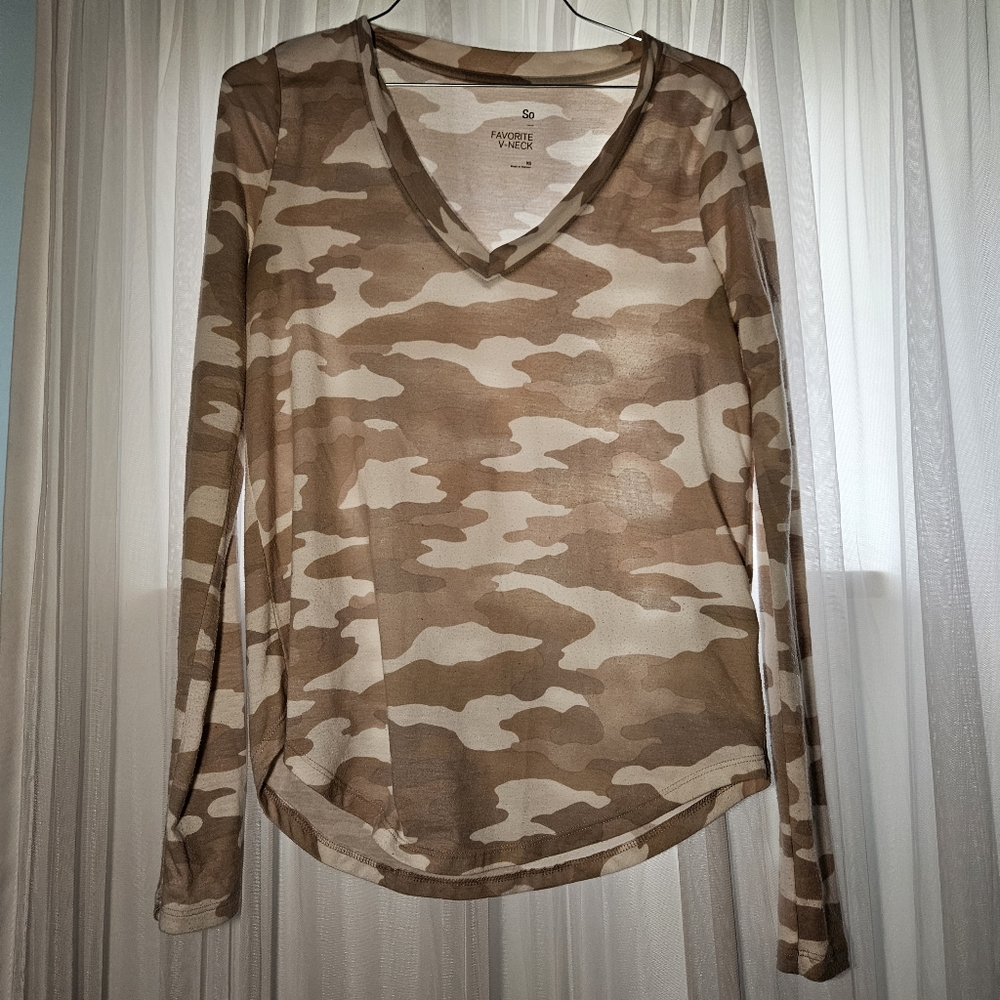 SO Tan Camo V-Neck Top